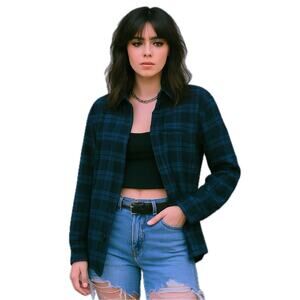 XS Boyfriend Blue Black Gray Plaid Flannel‎ Button Up Shirt Long Sleeve Fleece